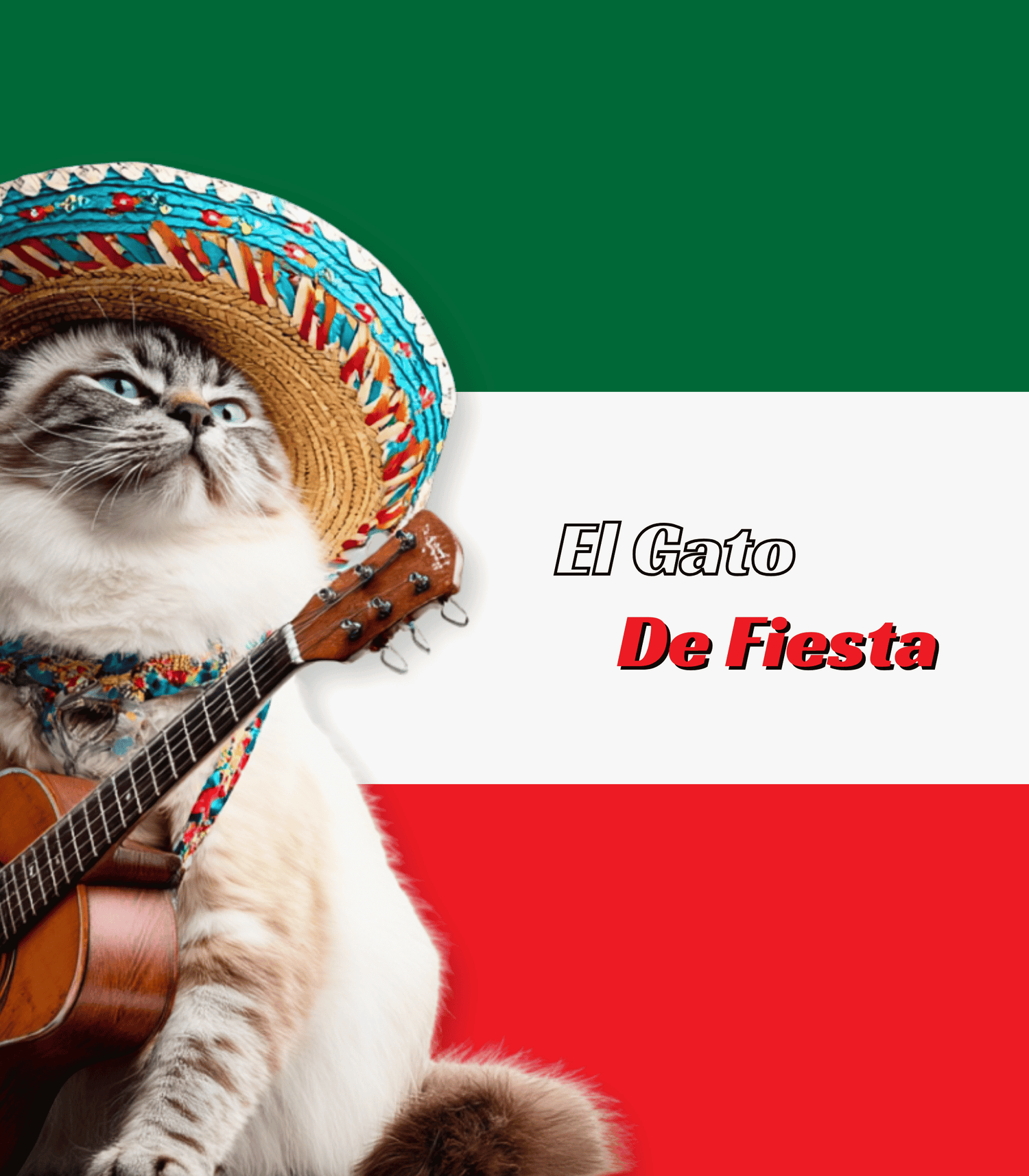 A ragdoll cat holding an acoustic guitar on the backdrop of a flag reading "El Gato De Fiesta